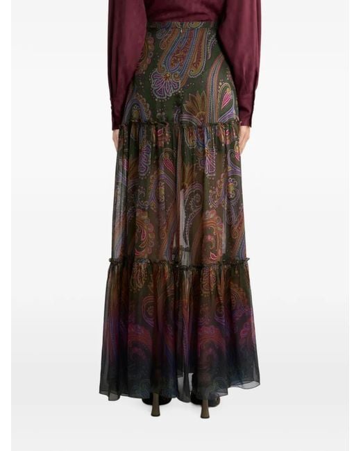 Etro Brown Silk Maxi Skirt With Placed Paisley Print