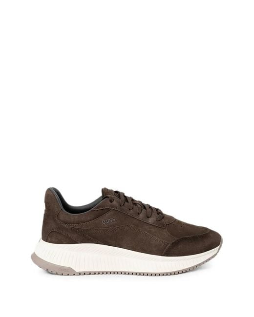 Boss Brown Perforated-Detail Suede Sneakers for men