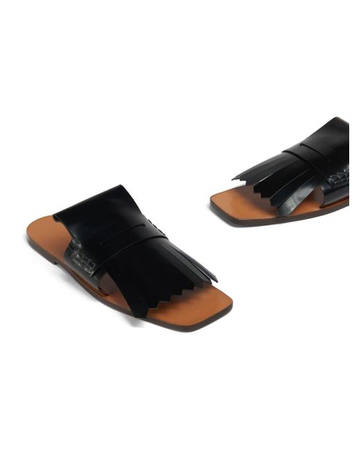 Marni Black Fringed Leather Flat Sandals