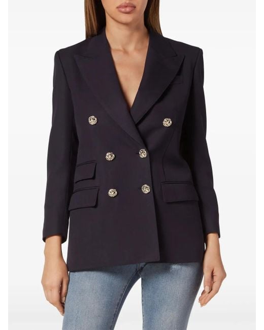 Philipp Plein Blue Double-Breasted Wool Blazer
