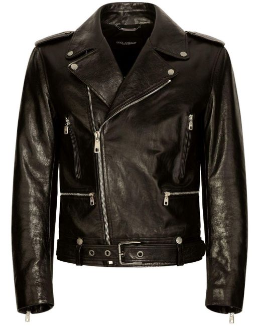 Dolce & Gabbana Black Grained Leather Biker Jacket for men
