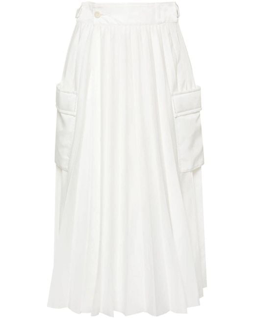 Sacai White Pleated Cargo Midi Skirt