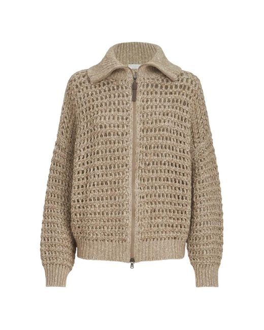 Brunello Cucinelli Natural Dazzling Soft Virgin Wool And Cashmere Net Cardigan