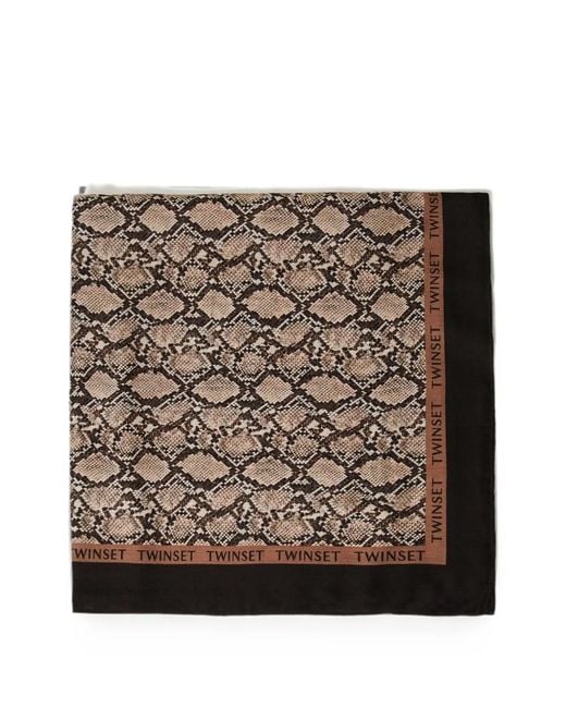 Twinset Metallic Kefiah With Logo And Animal Print