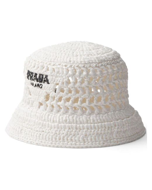 Prada White Logo-embroidered Interwoven Bucket Hat