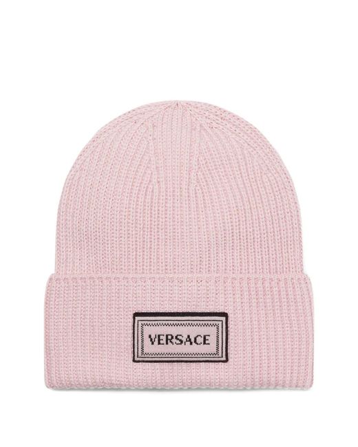 Versace Pink Logo-Patch Ribbed Beanie Hat