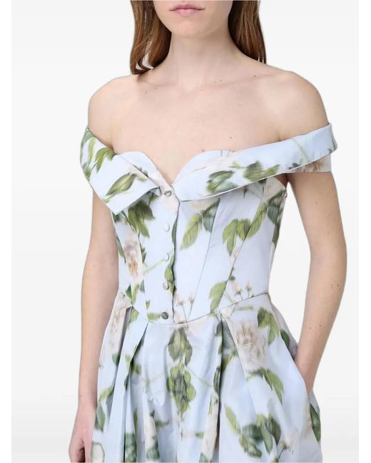 Antonio Marras Blue Floral-Print Off-Shoulder Midi Dress