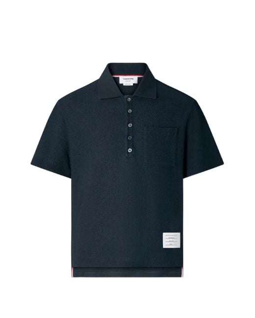 Thom Browne Blue Textured-Knit Chest-Pocket Polo Shirt for men