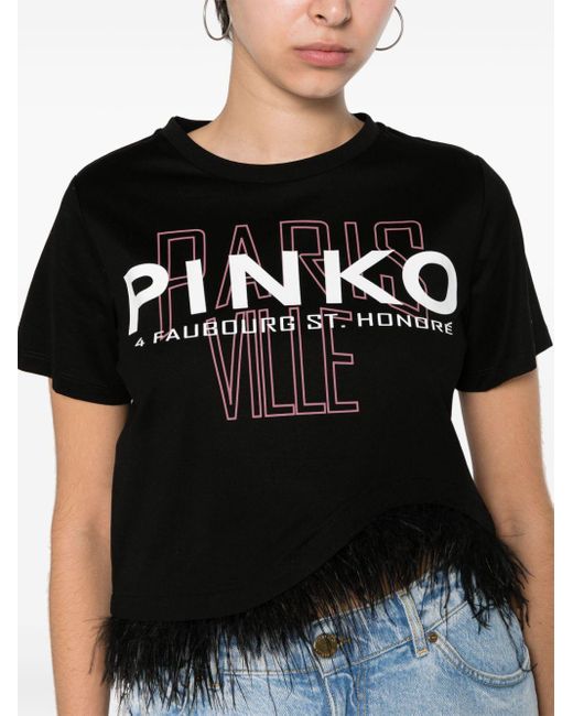 Pinko Black Feather Detail Cropped T-shirt