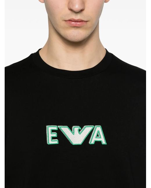 Emporio Armani Black Logo Embroidery Crew Neck T-Shirt for men