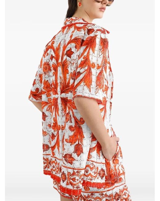 Dolce & Gabbana Red Majolica-Print Broderie Anglaise Lace Shirt