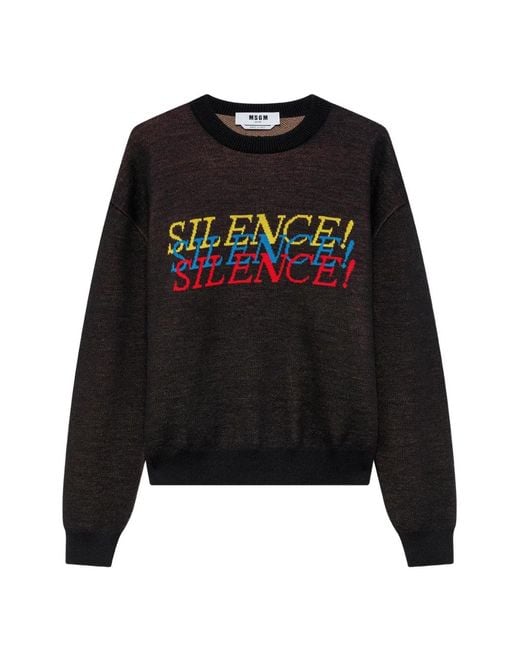 MSGM Black Slogan-Intarsia Crew-Neck Sweater for men