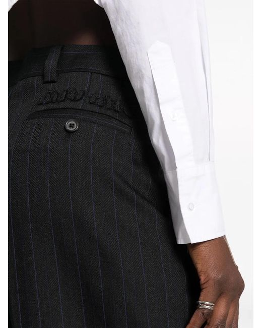 Miu Miu Black Pinstripe Herringbone Wool Trousers