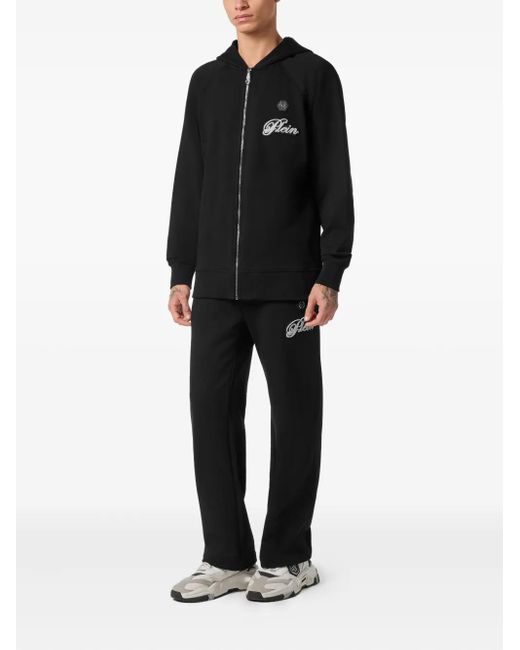 Philipp Plein Black Zip-Up Logo-Patch Hoodie for men