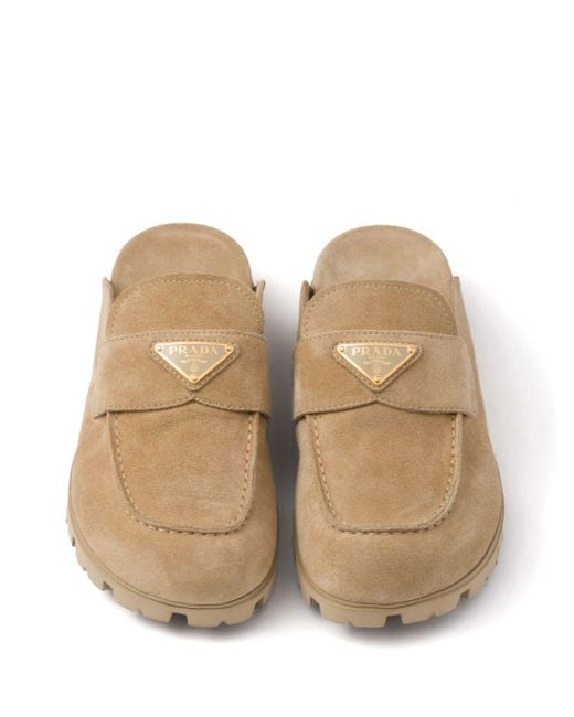 Prada Triangle-Logo Suede Slippers in Brown | Lyst