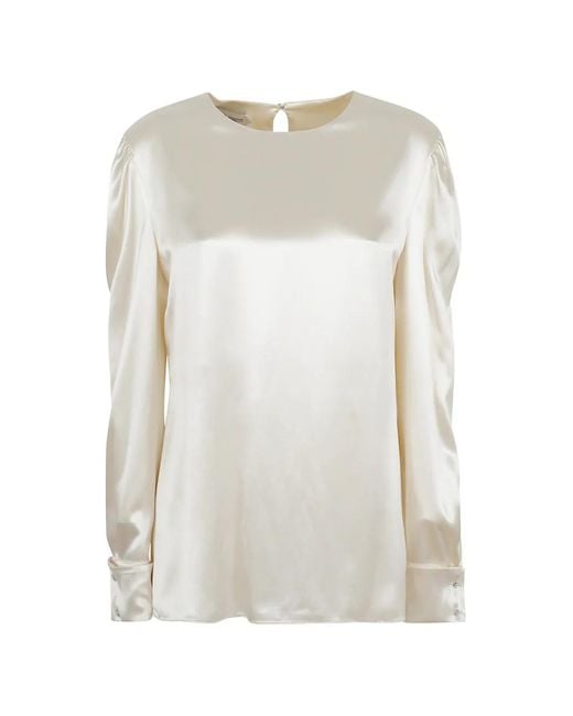 Alberta Ferretti White Puff-Sleeve Satin Blouse