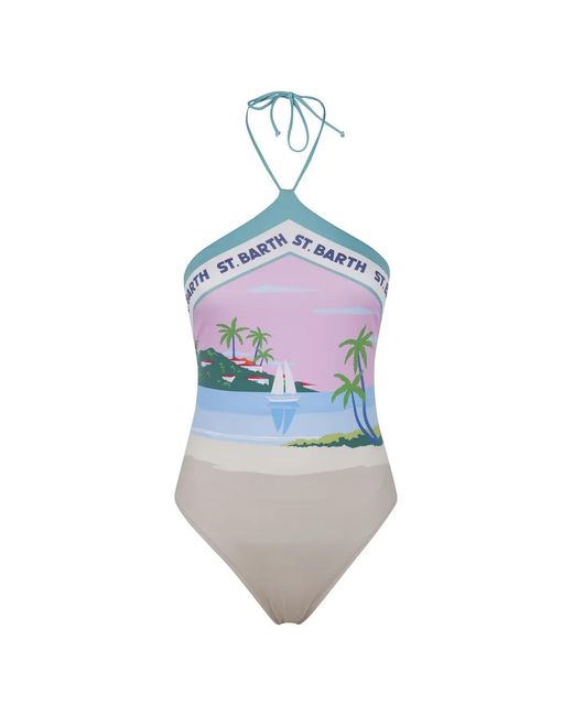 Mc2 Saint Barth Blue Logo-Print Halterneck Swimsuit