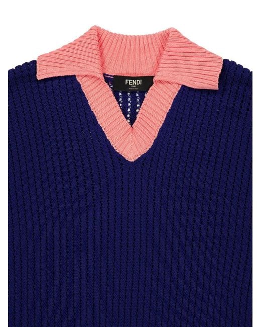 Fendi Blue V-Neck Ribbed-Knit Sweater for men