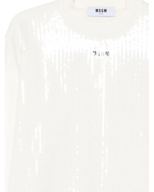 MSGM White Long-Sleeved Pullover Sweatshirt With Subtle Sequin Embellishment