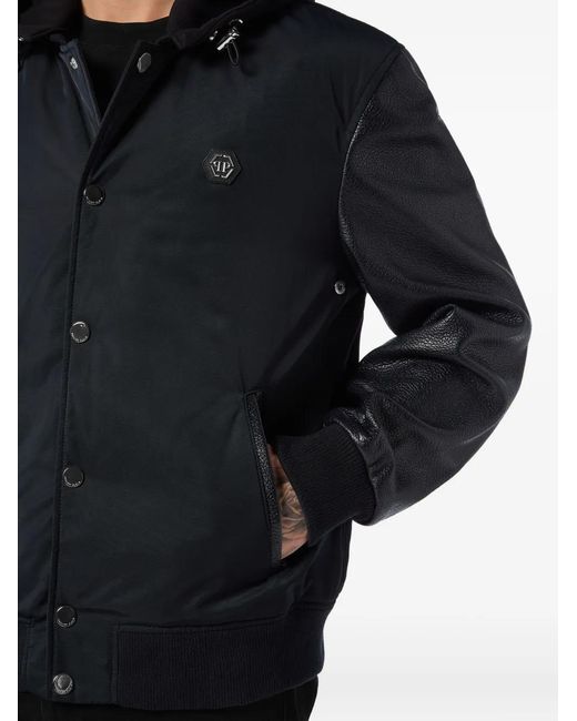 Philipp Plein Black Leather-Sleeve Hooded Bomber Jacket for men