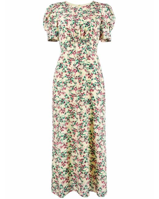Saloni Bianca Floral print Puff sleeve Long Dress in Yellow Lyst