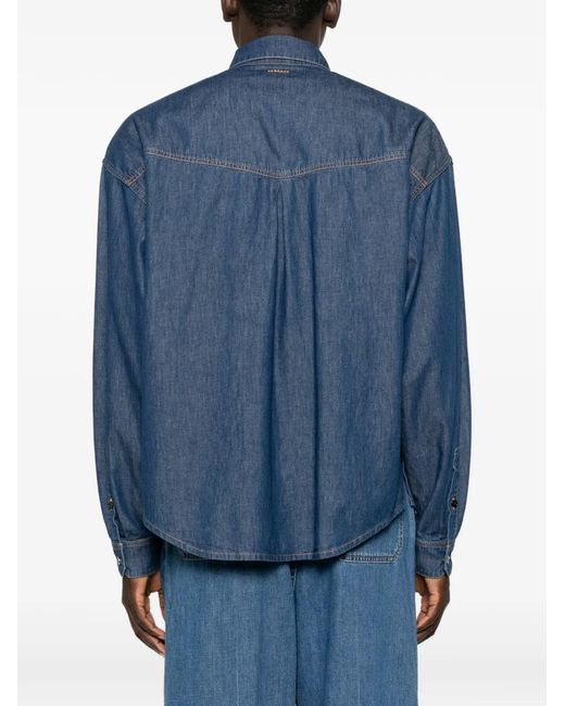 Versace Blue Embroidered-Logo Denim Cotton Shirt for men