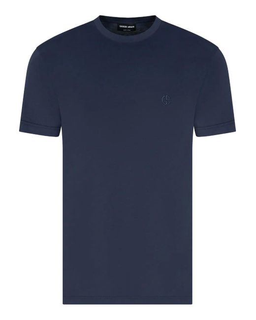 Giorgio Armani Blue Embroidered-Logo Cotton T-Shirt for men