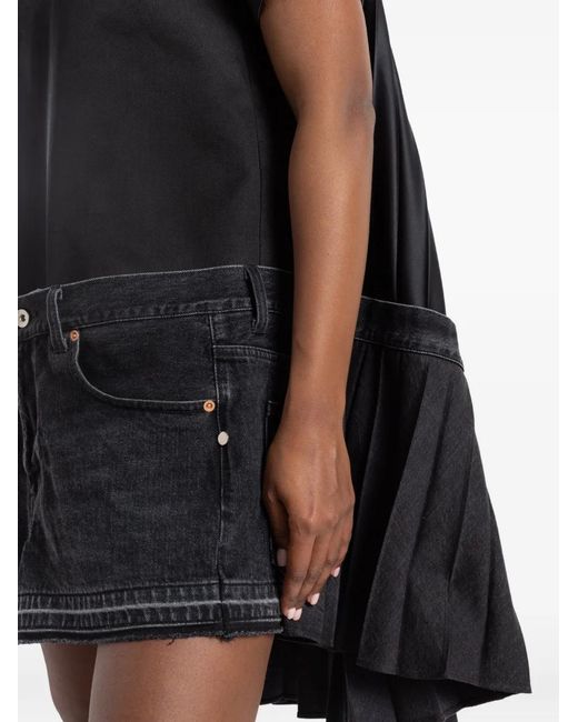 Sacai Black Hybrid Denim Pleated Asymmetric Dress