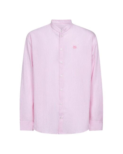 Etro Pink Striped Seersucker Cotton Logo Shirt for men