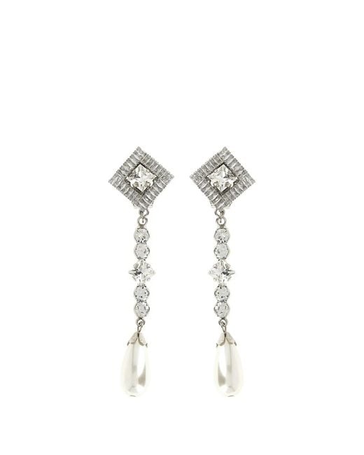 Alessandra Rich White Crystal-Embellished Drop Earrings