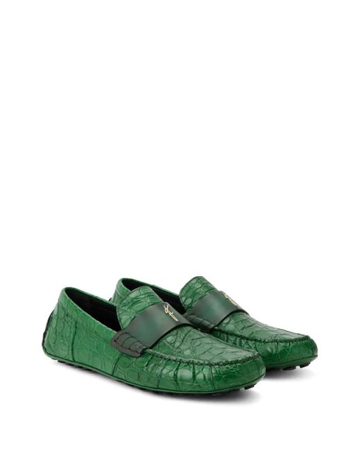 Ferragamo Green Embossed Crocodile Effect Leather Loafers for men