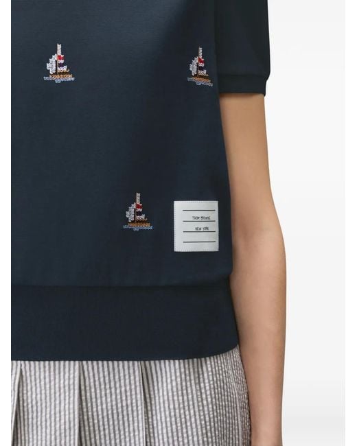 Thom Browne Blue Sailboat-Embroidered Milano-Rib T-Shirt