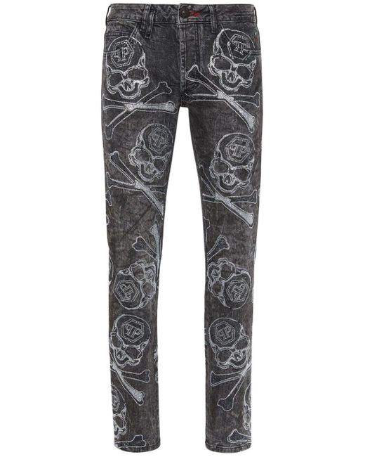 Philipp Plein Gray Crystals Tattoo Mid-rise Slim-fit Jeans for men