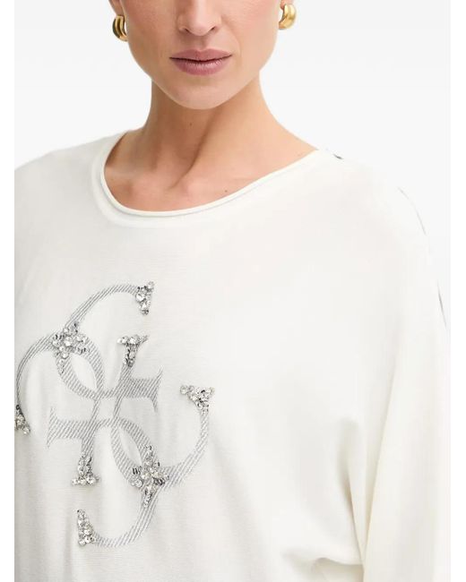 Guess White Embellished Logo-Print T-Shirt