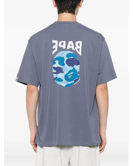 A Bathing Ape Blue Graphic-Print Cotton T-Shirt for men