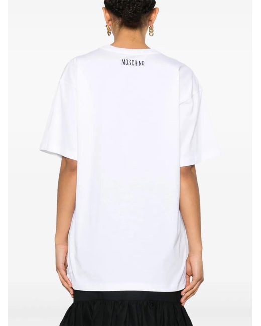 Moschino White Slogan-Print Cotton T-Shirt