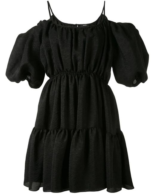 Goen.J Black Balloon-Sleeved Tiered Mini Dress
