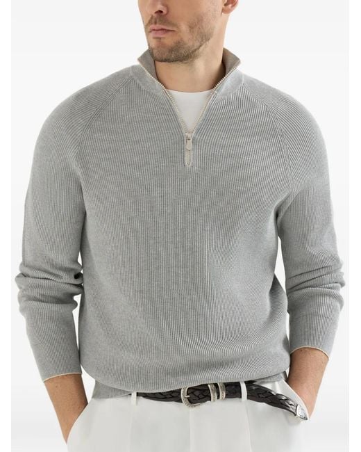 Brunello Cucinelli Gray Cotton English Rib Sweater With Half Zip And Raglan Sleeves for men