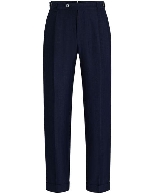 Boss Blue Pleated Tapered Trousers for men