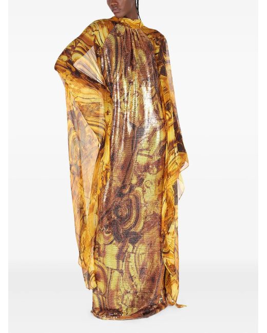 Roberto Cavalli Metallic Amber-Print Sequin-Embellished Maxi Dress