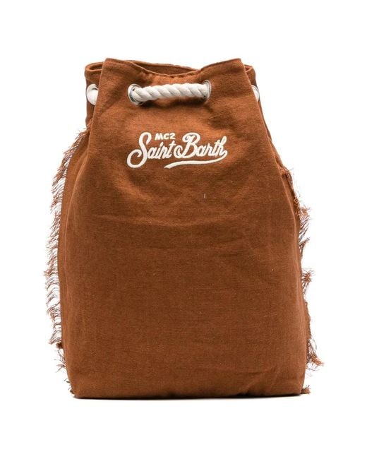 Mc2 Saint Barth Brown Logo-Embroidered Frayed Backpack for men