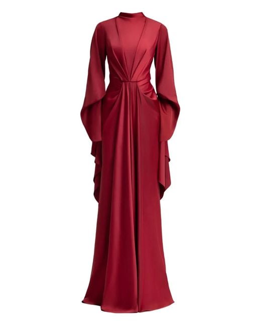 Gemy Maalouf Red Draped-Waist Ruffled-Sleeve Maxi Dress