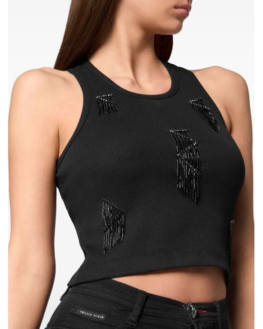 Philipp Plein Black Fringe-Detail Ribbed Crop Top By
