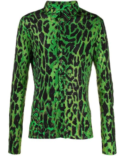 Versace Green Rhinestone Leopard Print Shirt for men