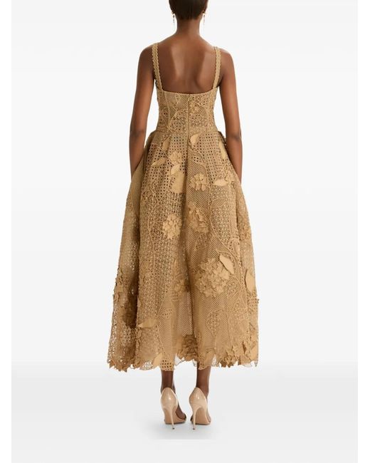 Oscar de la Renta Natural Flower-Appliqué Sleeveless Midi Dress