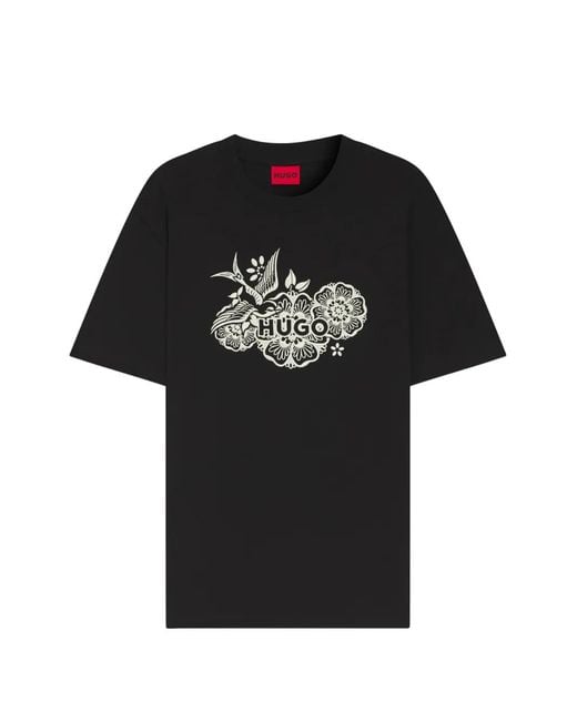 HUGO Black Flora-Print Logo-Detail T-Shirt for men