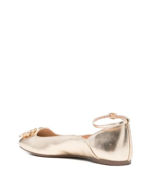 Liu Jo Natural Chain-Embellished Ankle-Strap Ballet Flats
