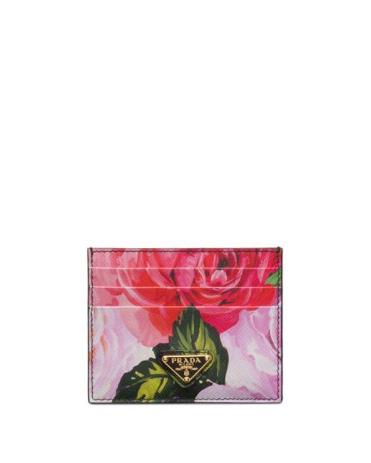 Prada Red Floral-print Saffiano Leather Cardholder