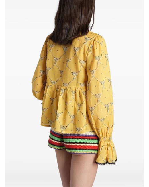 Siedres Yellow Bow-Print Ruffled Top