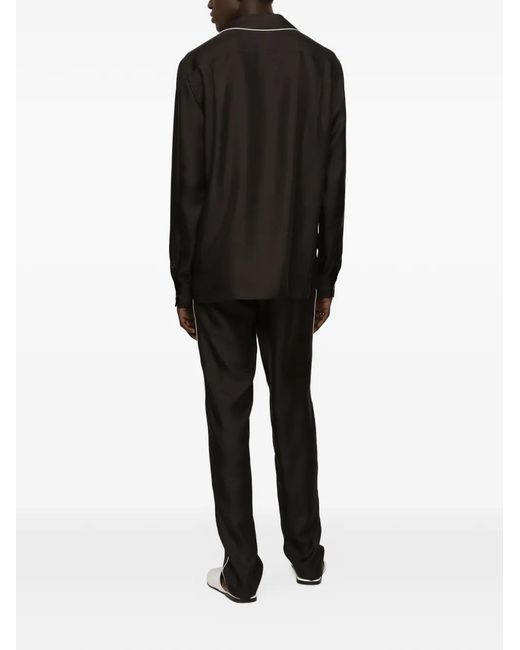 Dolce & Gabbana Black Silk Shirt With Dg Logo-Embroidered Patch for men